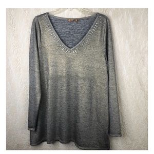 Belldini Embellished Top Metallic Gray Flowy V Neck Rhinestones XL